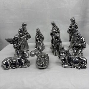 Vintage Nambe-like Nativity Scene 11 Piece Set Alloy Aluminum Metal w Baby Jesus